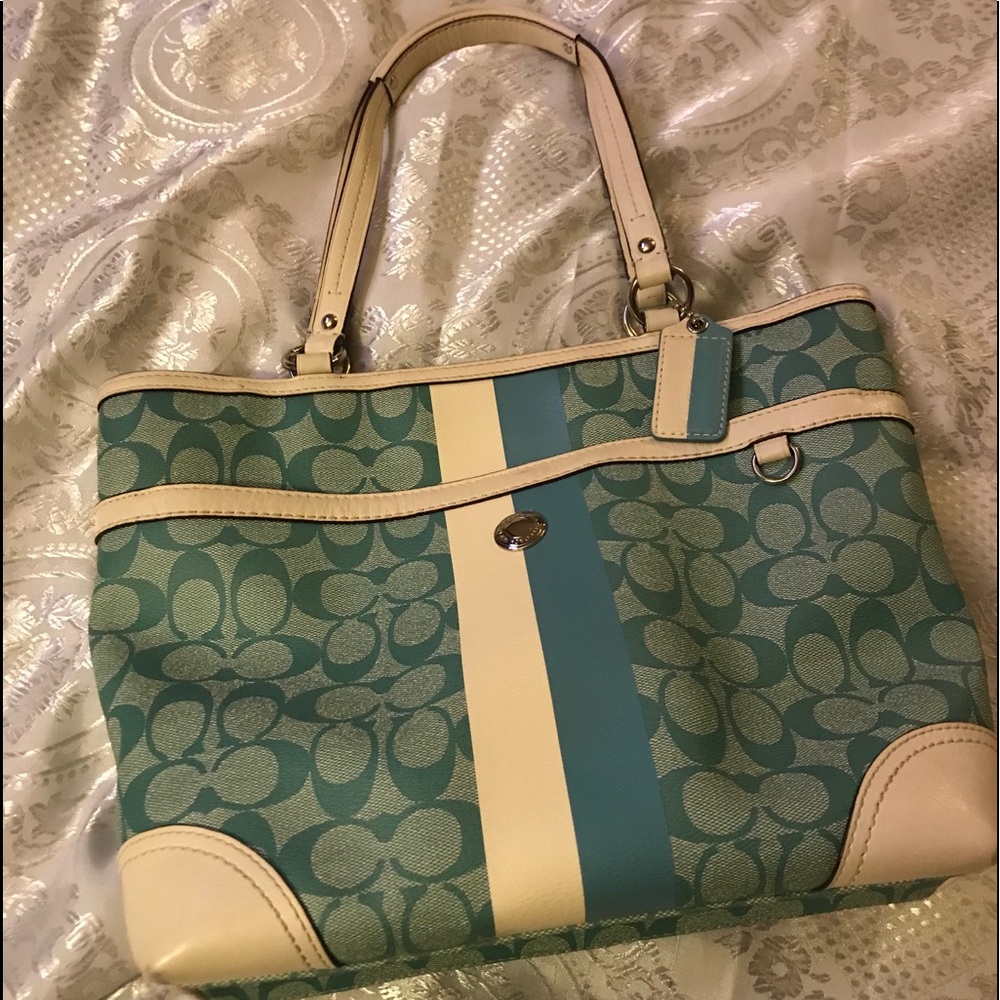 Authentic coach signature satchel in two-tone blue